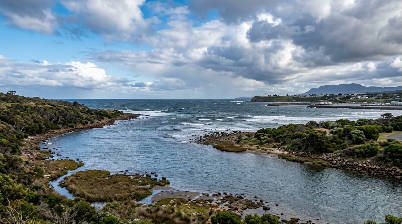 the mouth of the Mersey River meeting Bass Strait near Devonport, Tasmania, under a dramatic sky