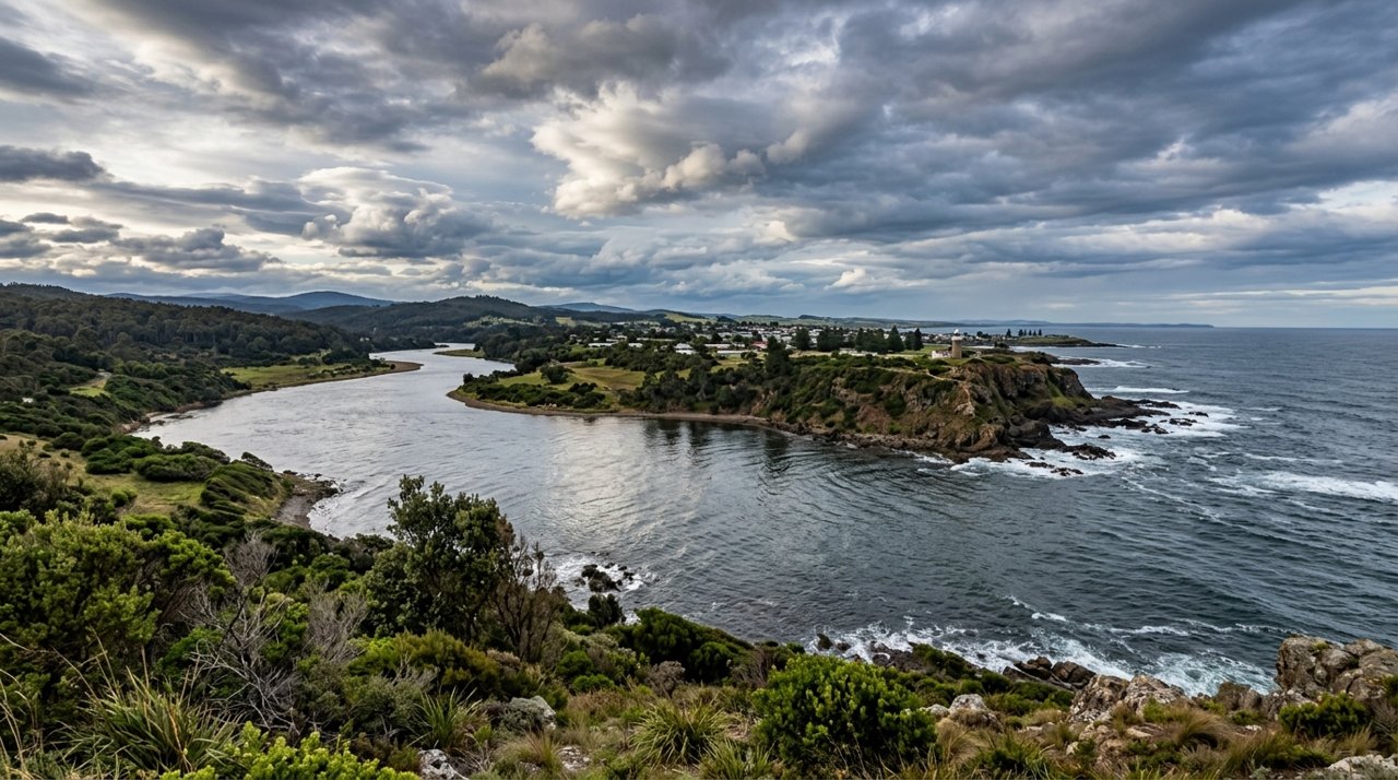 the mouth of the Mersey River meeting Bass Strait near Devonport, Tasmania, under a dramatic sky