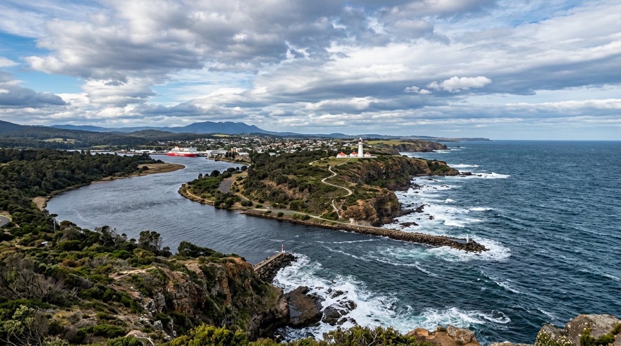 the mouth of the Mersey River meeting Bass Strait near Devonport, Tasmania, under a dramatic sky