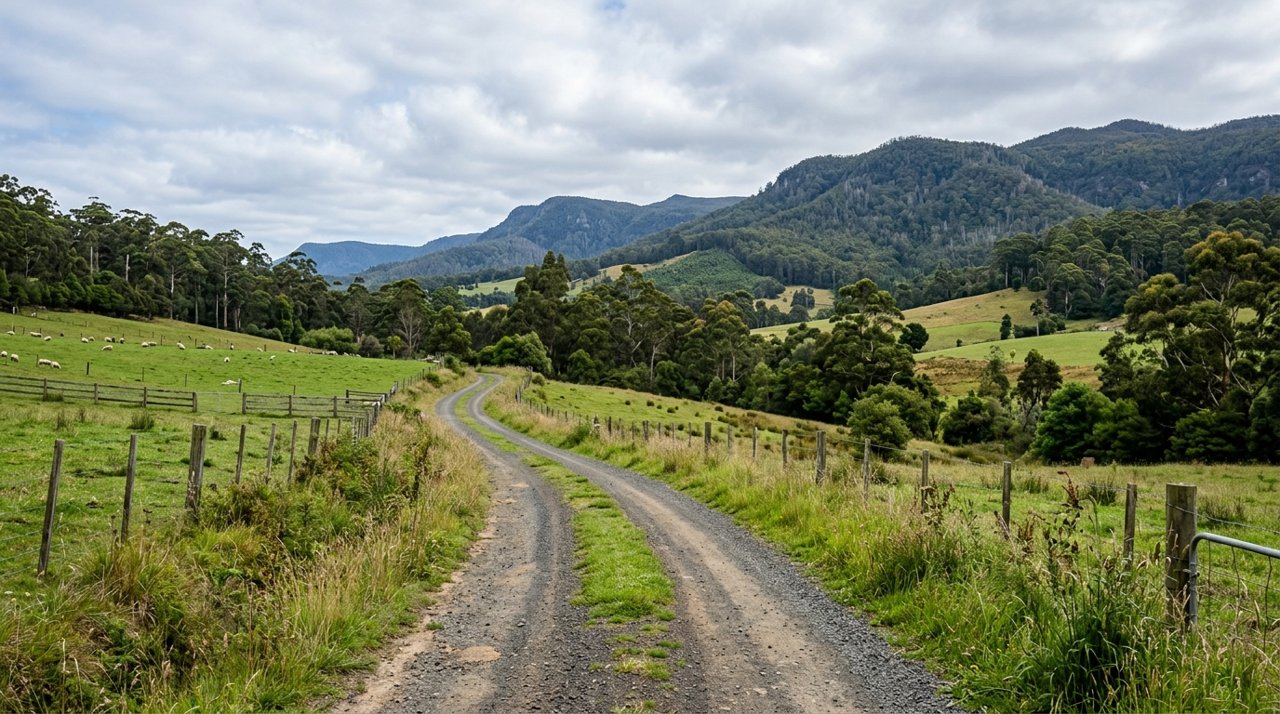 a quiet rural Tasmanian country road near Latrobe with paddocks and hills, overcast light, no people, no vehicles