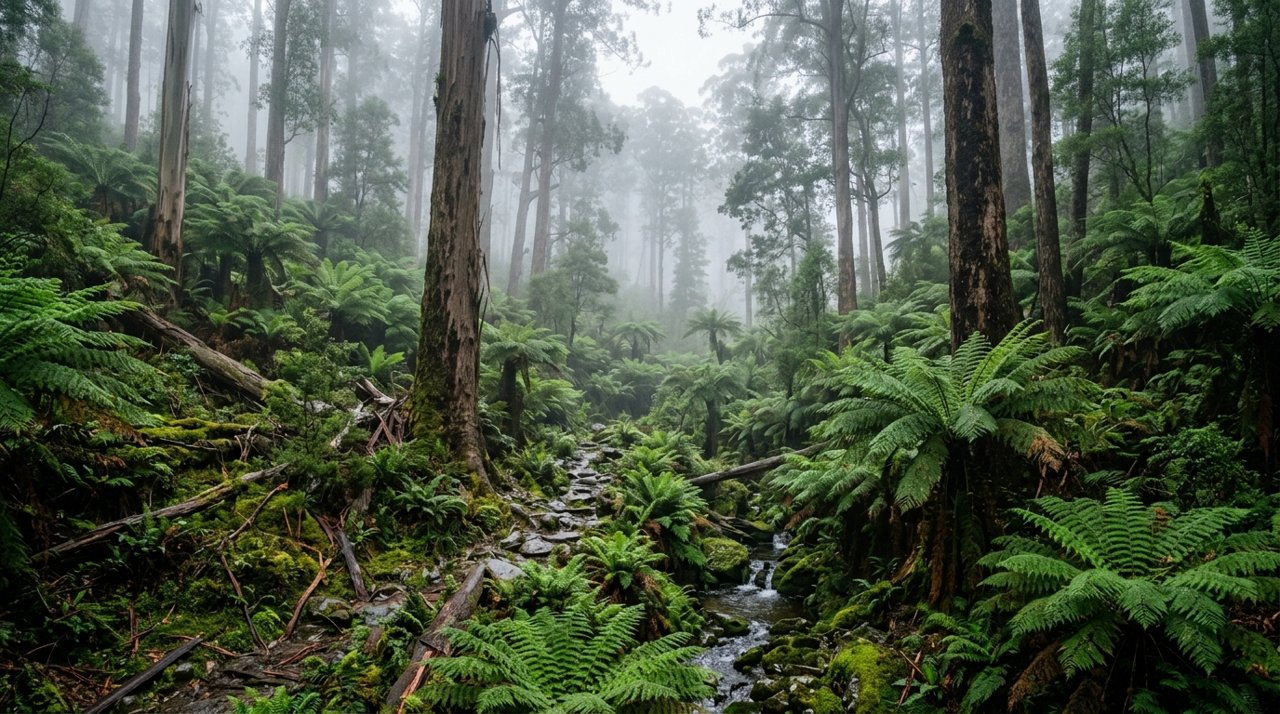 dense cool-temperate rainforest in the Tasmanian wilderness, mist drifting between tall eucalypts and tree ferns, no people