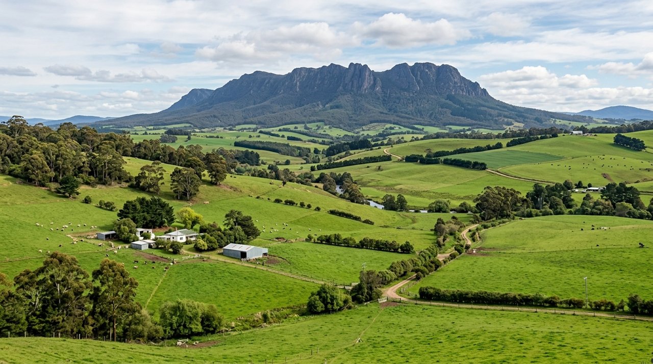 rolling green farmland in the Mersey Valley of North-West Tasmania with Mount Roland on the horizon