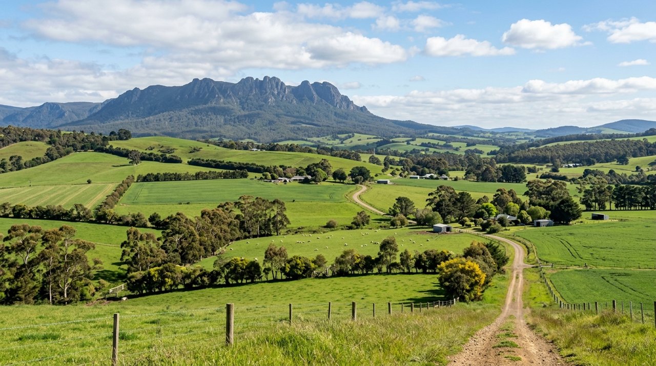 rolling green farmland in the Mersey Valley of North-West Tasmania with Mount Roland on the horizon
