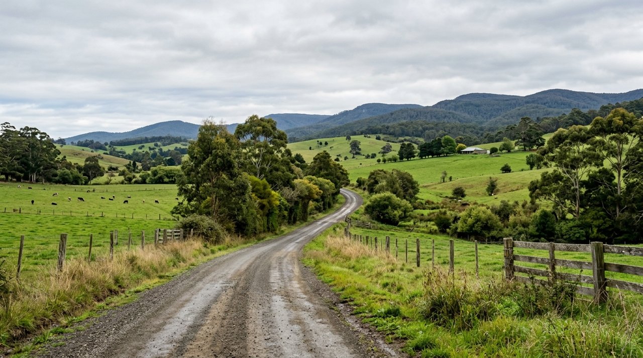 a quiet rural Tasmanian country road near Latrobe with paddocks and hills, overcast light, no people, no vehicles